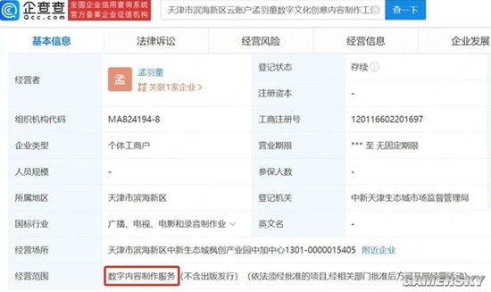 孟羽童疑似成立个人工作室，业务版图拓展至内容创作领域